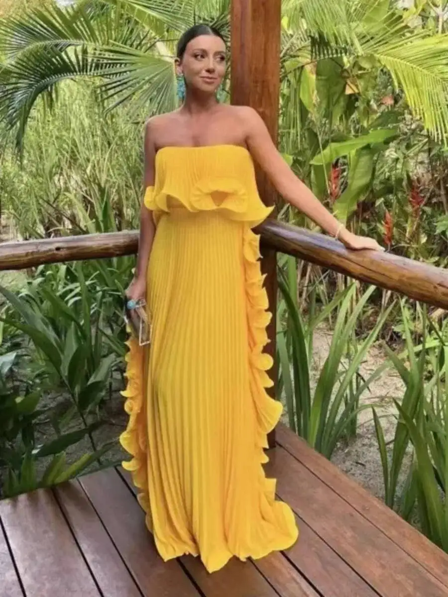 女性の夏の休日のドレスオレンジプリーツシフォンロングフォーマルドレスカスタムメイドフリルストラップレスビーチパーティードレス U99Z