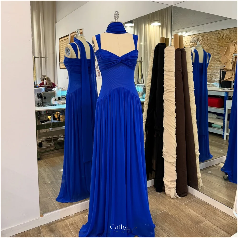 

Cathy Customized Blue Halter Neck Sheath Prom Dress Draped Sleeveless vestidos de noiva Elegant Floor-Length Formal Evening 2025
