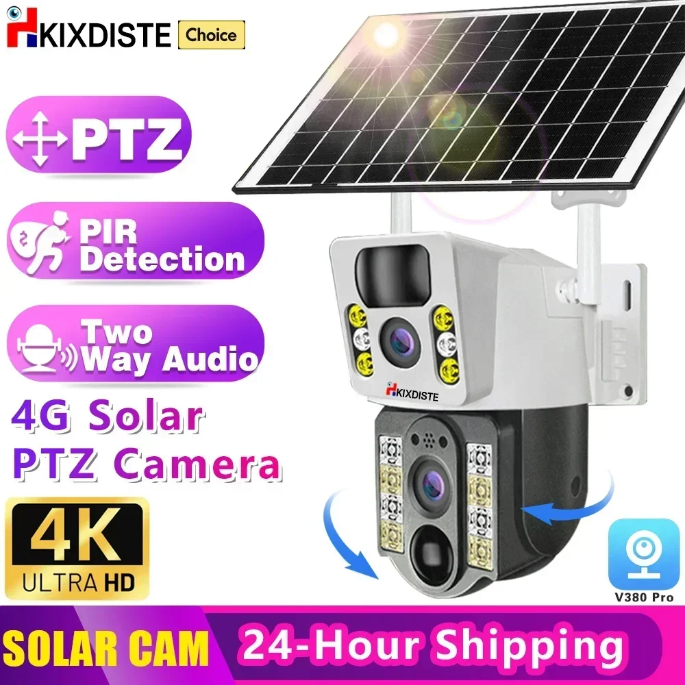 

4K 4G SIM Card Dual Lens Screen Solar Camera 8MP Surveillance PTZ Battery Camera Color Night Vision PIR Detection Audio V380 Pro