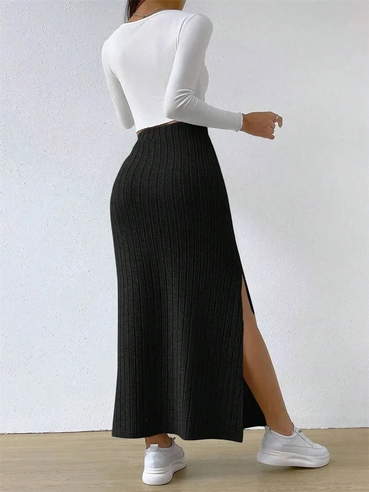 Women Rib-knit Side Split Maxi Skirt Autumn Spring Casual Elegant High Waist Straight Skirt