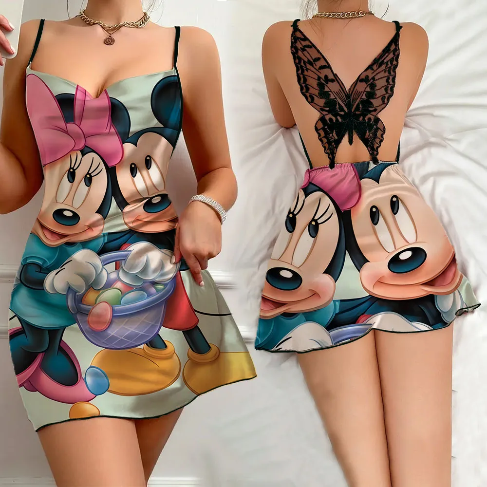 New Summer Women's Pajama Cartoon Pattern Print Female Sleeping Dress Short Charming Sexy Back Butterfly Hollow out Nightwear