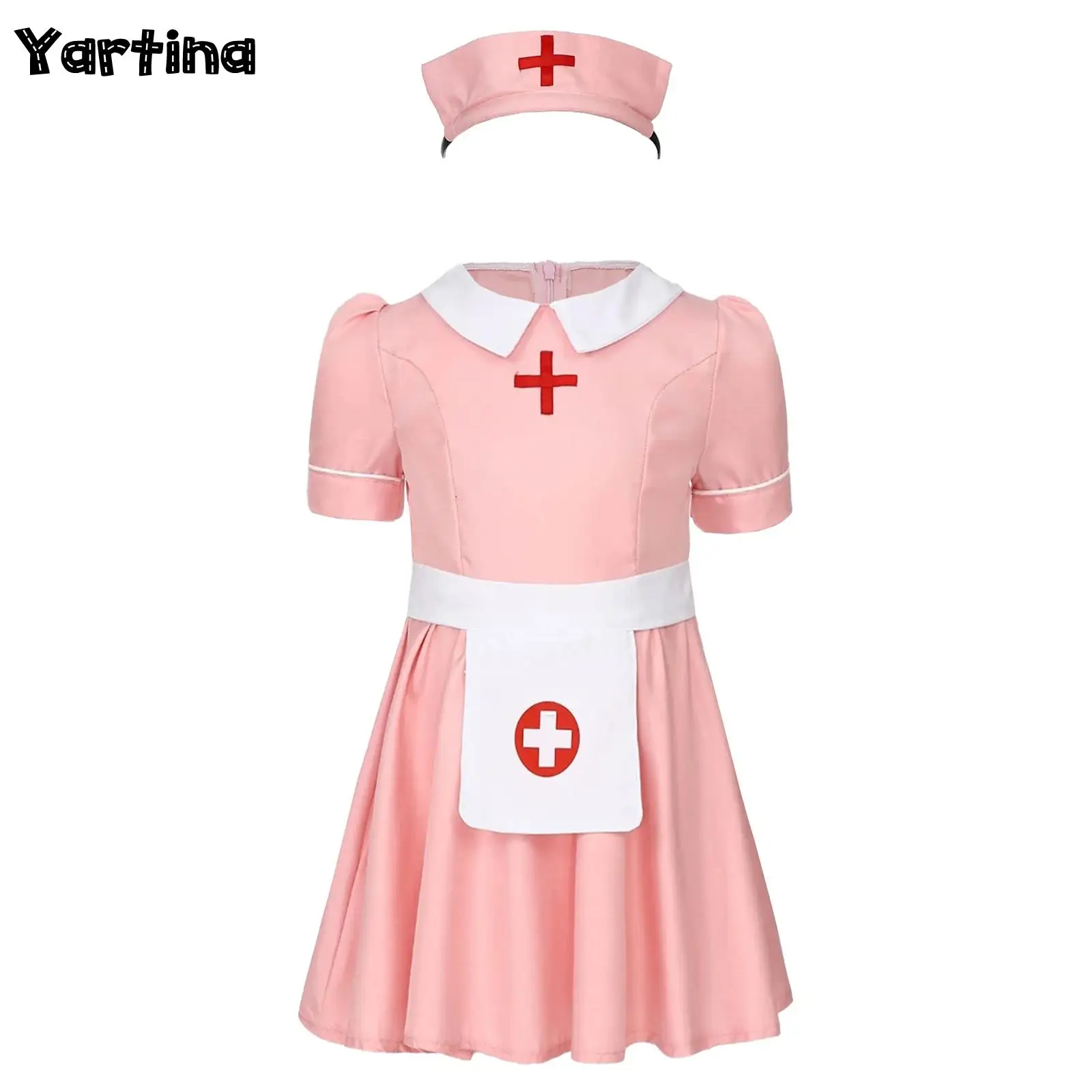 

Girls Doctor Nurse Maid Halloween Cosplay Costumes Cross Patterns Short Sleeve Ruffled Skirt with Nurse Headwear Apron