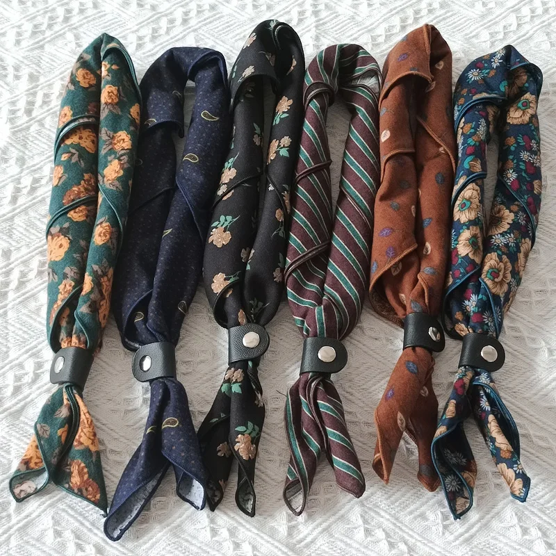60cm Elegant Cotton Men\'s Cravat Floral Striped Navy Square Scarf With Button Birds Leaves Print Soft Neckerchief Suit Bandelet