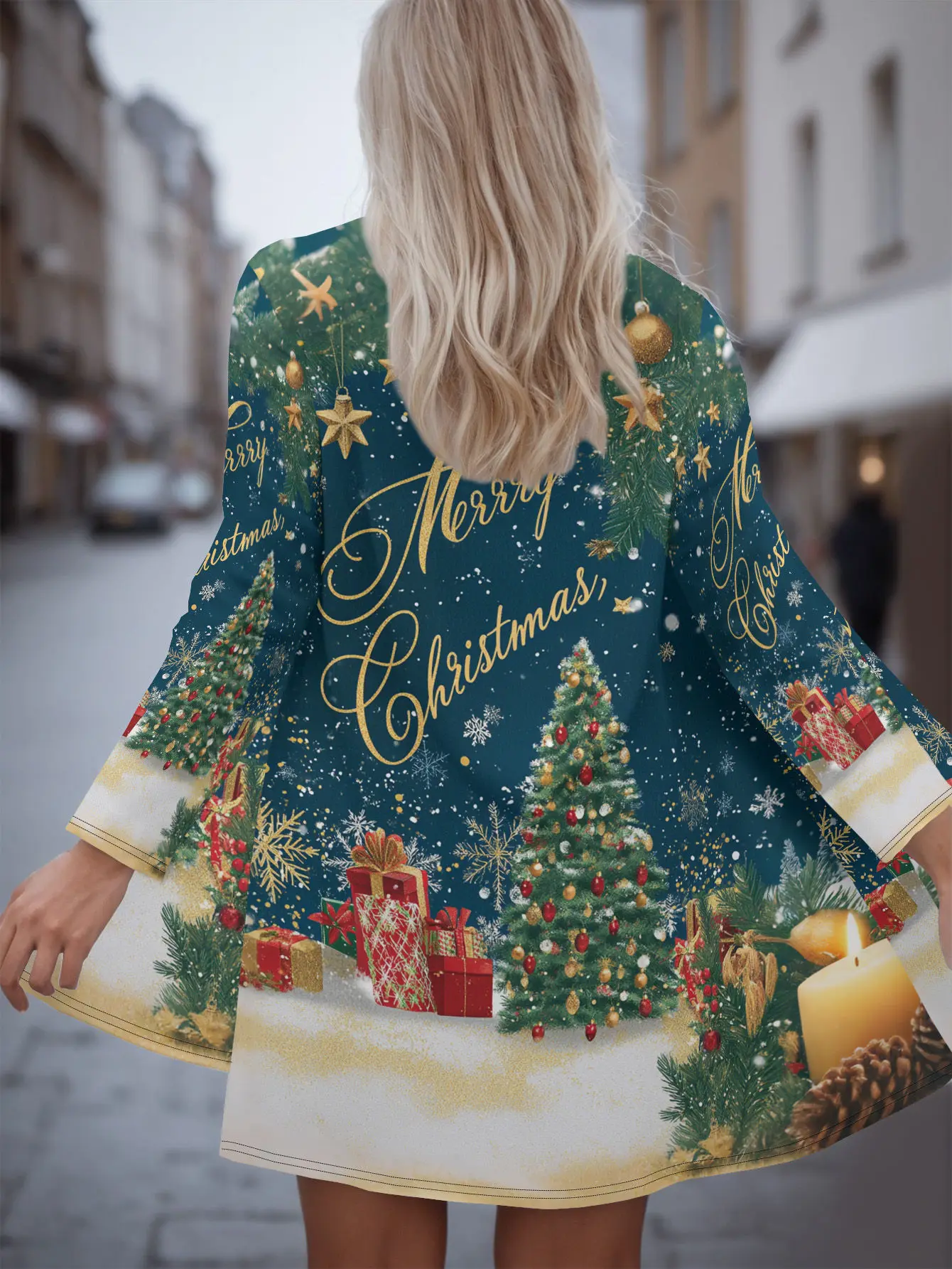 

Женский кардиган на рождественскую тематику 2025 года, длинный рукав с 3D-принтом, легкий открытый спереди, праздничная праздничная одежда