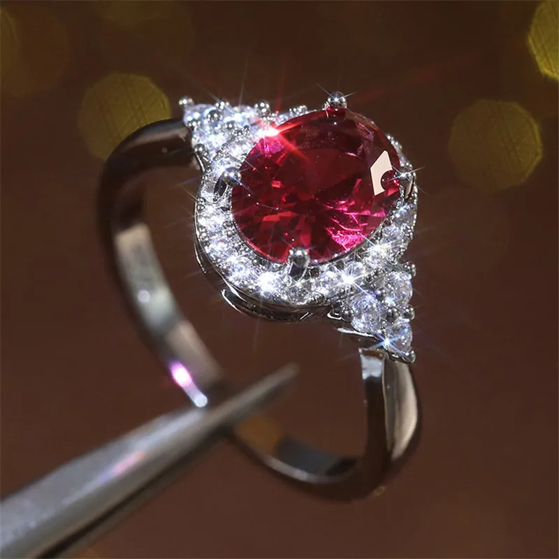 925 Sterling Silver Cubic Zirconia Rings for Women Romantic Oval Red Stone Engage Wedding Ring Valentines Gift for Lover