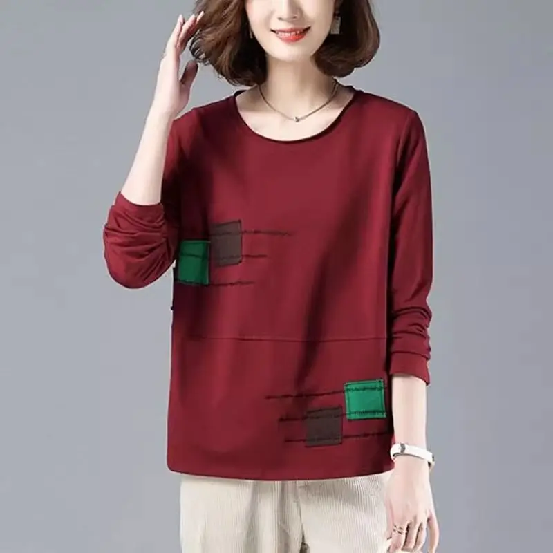 Spring Autumn Women\'s Clothing Solid Color Pullover Lantern Long Sleeve Round Neck Patchwork Trendy T-shirt Distressed Tops