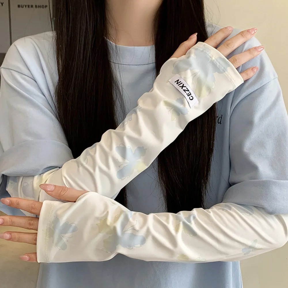 

Милая бабочка, ледяные шелковые рукава, градиентная защита от солнца, солнцезащитный крем, рукав, эластичные однотонные летние длинные перчатки для девочек