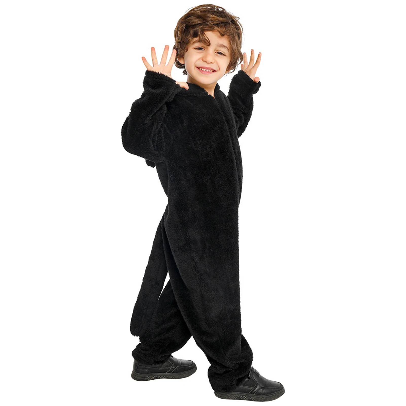 Kids Black Cat Cosplay Costume Plush Long Sleeve Zipper Closure Hood Jumpsuit with Long Tail for Boys Girls view 3