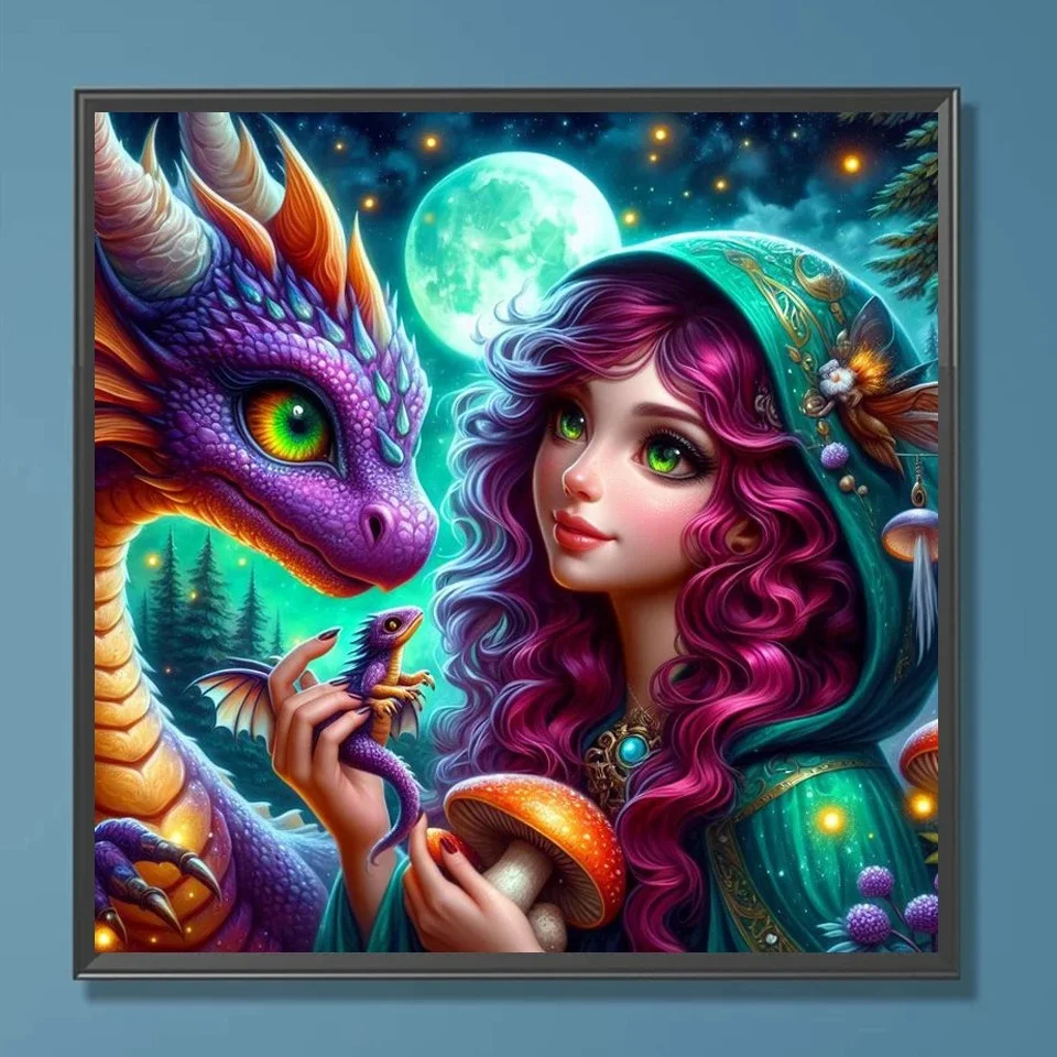 Dragon And Cuet Girl Mushrooms DIY Full Diamond Painting Fantasy Animals Cross Stitch Kits New 2024 Mosaic Diamond Embroidery