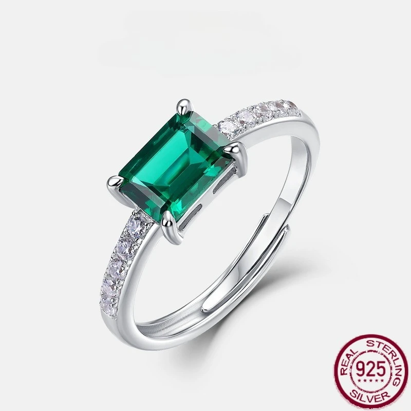 

New S925 pure silver geometric rectangular color treasure emerald open finger ring retro noble wedding jewelry