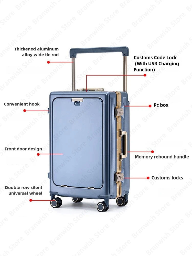 Basics Suitcase With Front Laptop Pocket Wide Trolley Luggage With Spinners Travelling Suitcase Trolley Case For Business Trip 