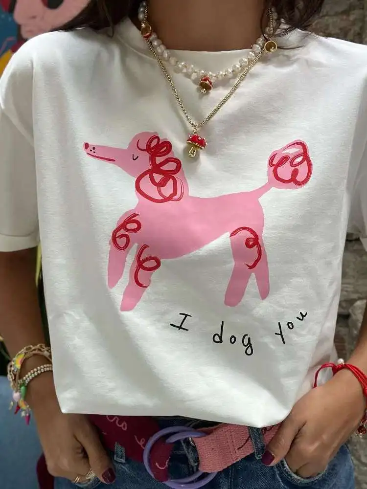 Retro American Vintage Summer Cute Graffiti Dog Print Spicy Girl Loose Pure Cotton Short Sleeve T-Shirt Women's Fashion