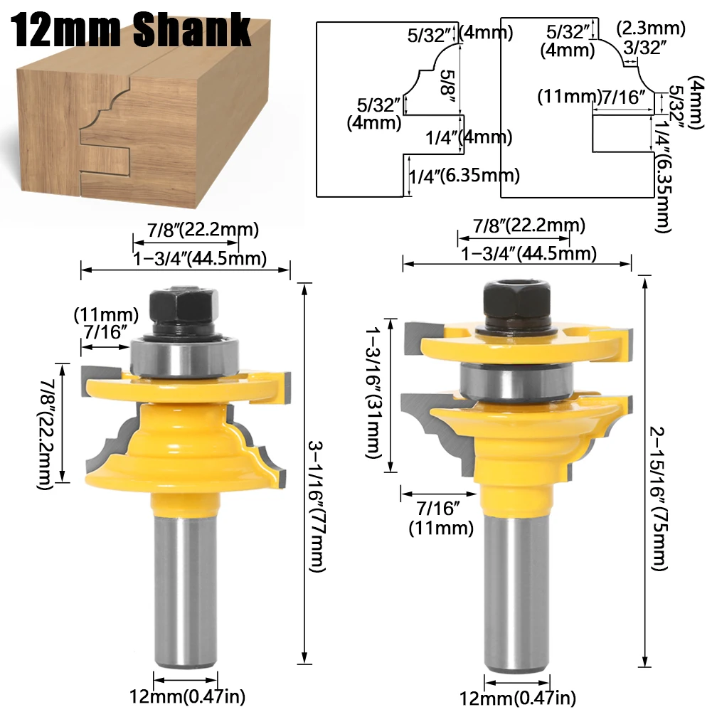 목공 문 라운드 코너 레일 및 스틸 라우터 비트, 목재 목공 도구용 테논 밀링 커터, 12mm 1/2 인치 생크, 2 개
