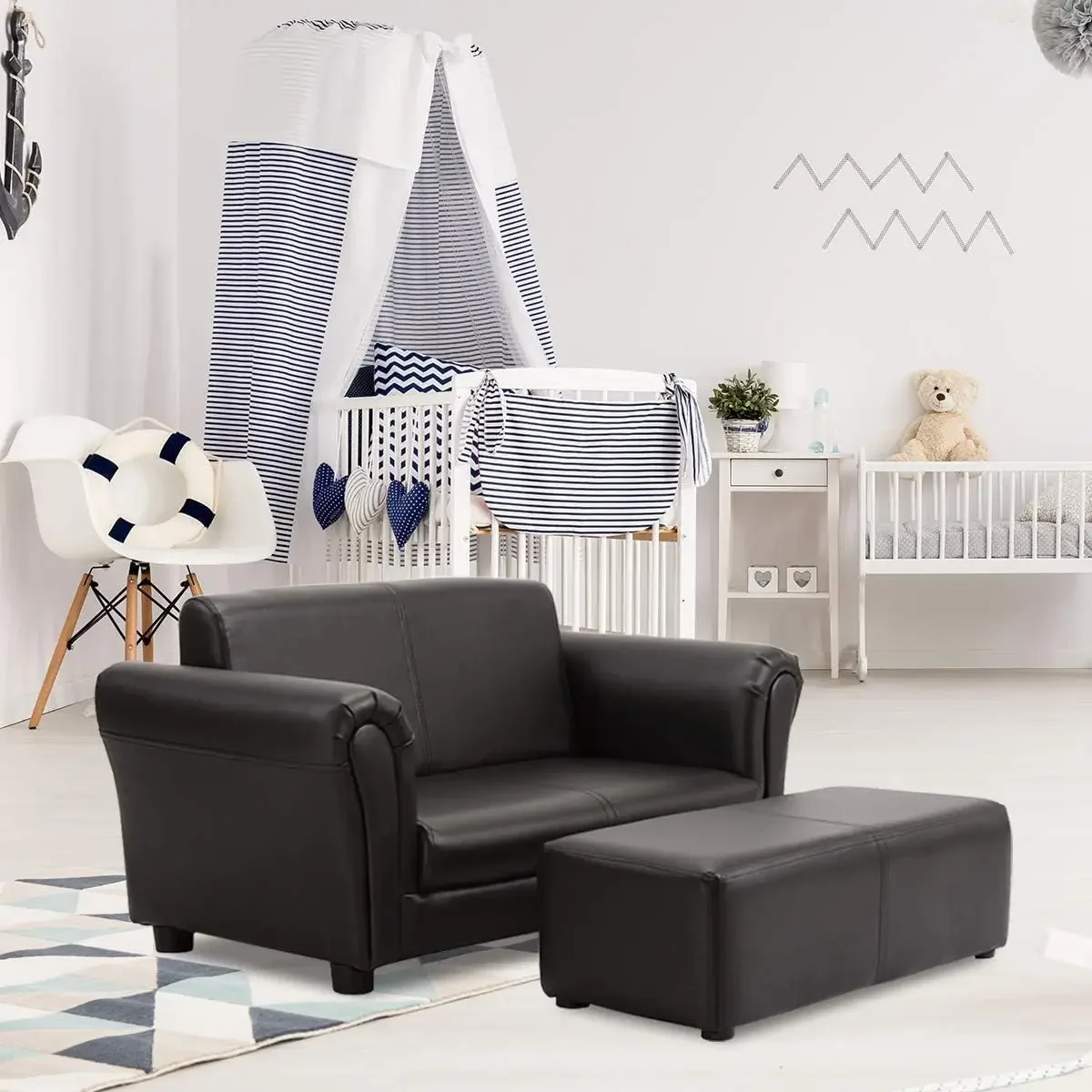 Kids Couch with Footstool, 2 in 1 Double Seat Children's Sofa w/PU Leather Surface, Armrest Chair Lounge, Soft Kids Sofa