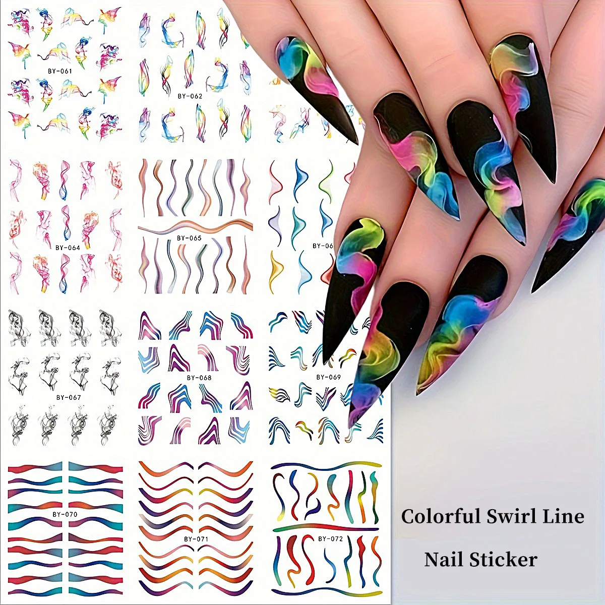 12 Design Rainbow Colorful Swirl Line Nail Sticker Water Decal Wave Graffiti Stripe French Nail Watermark Decals Nail Art Decor