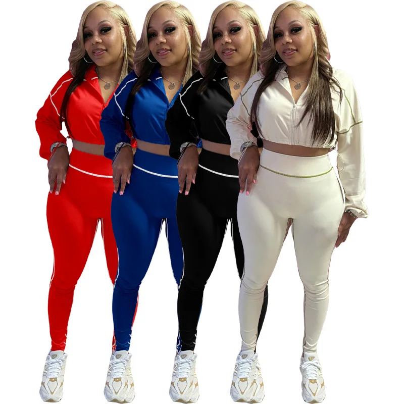 

Fitness Women 2 Piece Set Solid Zipper Fly Crop Coat Skinny Pants Matching Set 2025 Autumn Streetwear Sporty Jogging Tracksuits