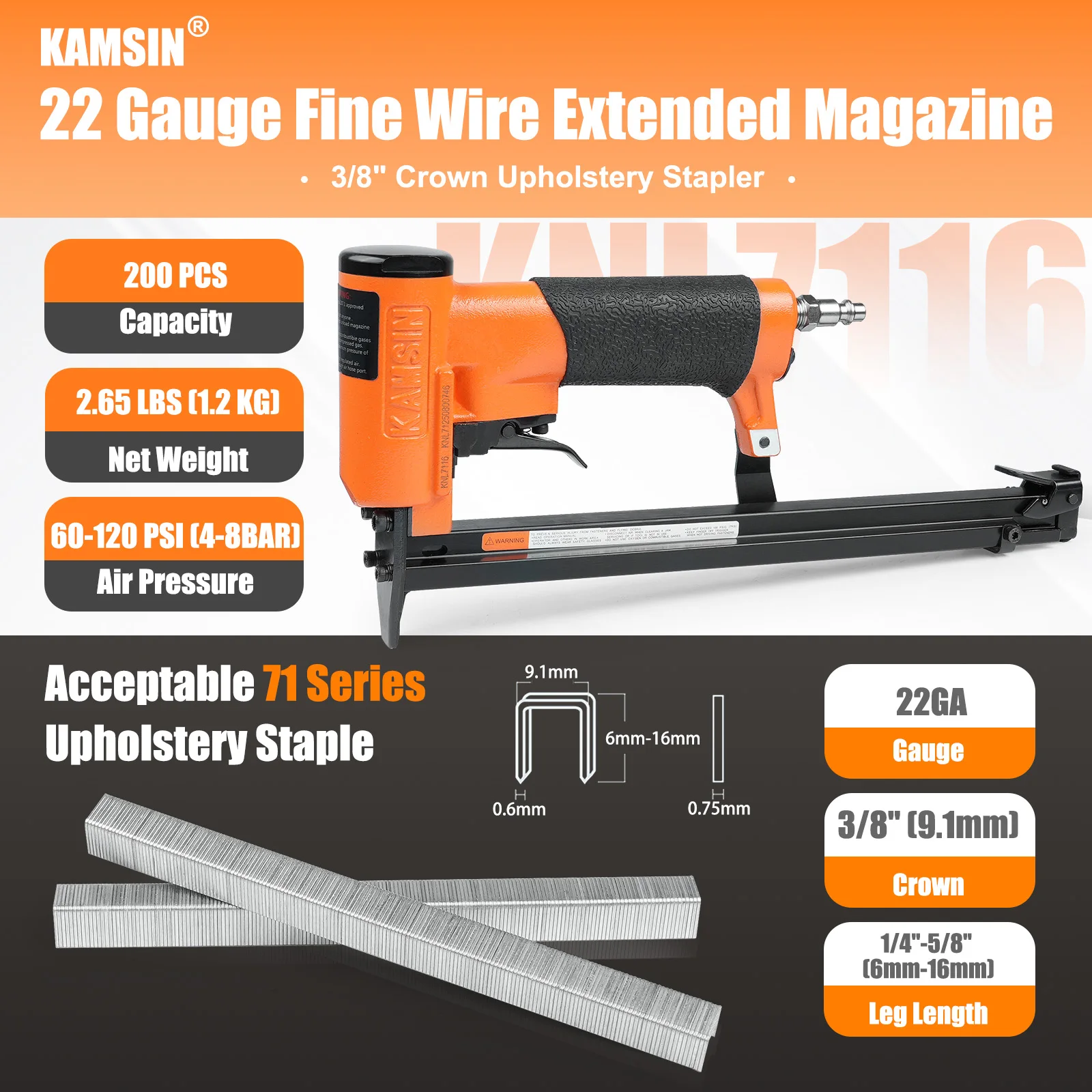 

Kamsin KNL7116 22 Gauge Extended Magazine Pneumatic Upholstery Stapler, Fine Wire Stapler Gun for Furniture and Fabric Attaching