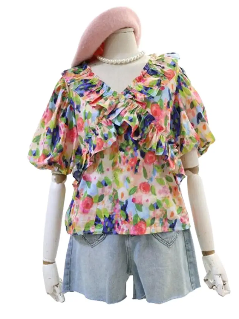 

Korean fashion cross pleated ruffle bubble sleeved shirt,Sweet V-neck Floral Print cotton Blouse Spring Casual Chic Blusas Tops