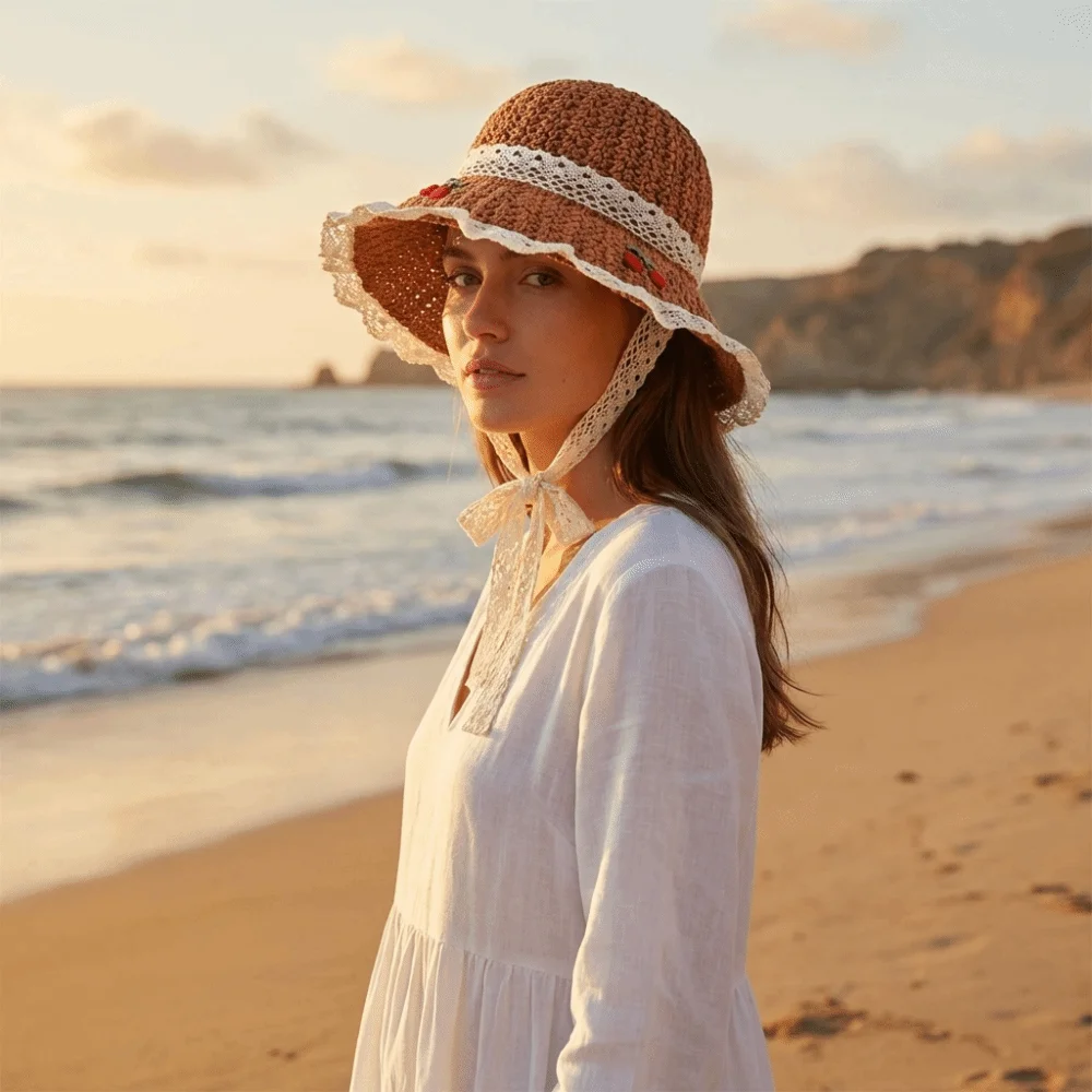 

Unique Cherry Embroidered Women Sun Hat Lace Korean Style Straw Fisherman Hat Breathable Solid Color Woven Bucket Hat Ladies