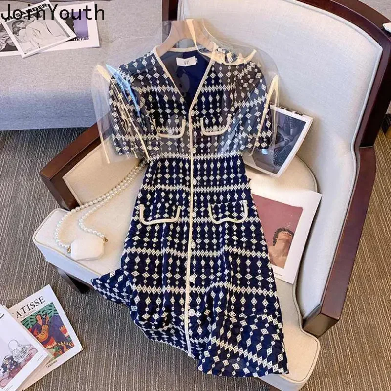 Vintage Dresses Women Clothing V-neck Puff Sleeve Tunic Print Robe Femme 2023 Vestidos De Mujer Korean Summer Elegant Maxi Dress