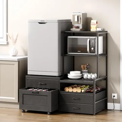 Mini Fridge Stand with Wine Rack & Outlet, Kitchen Bakers Rack | Microwave Oven Stand, Coffee Bar, Movable Drawers, for