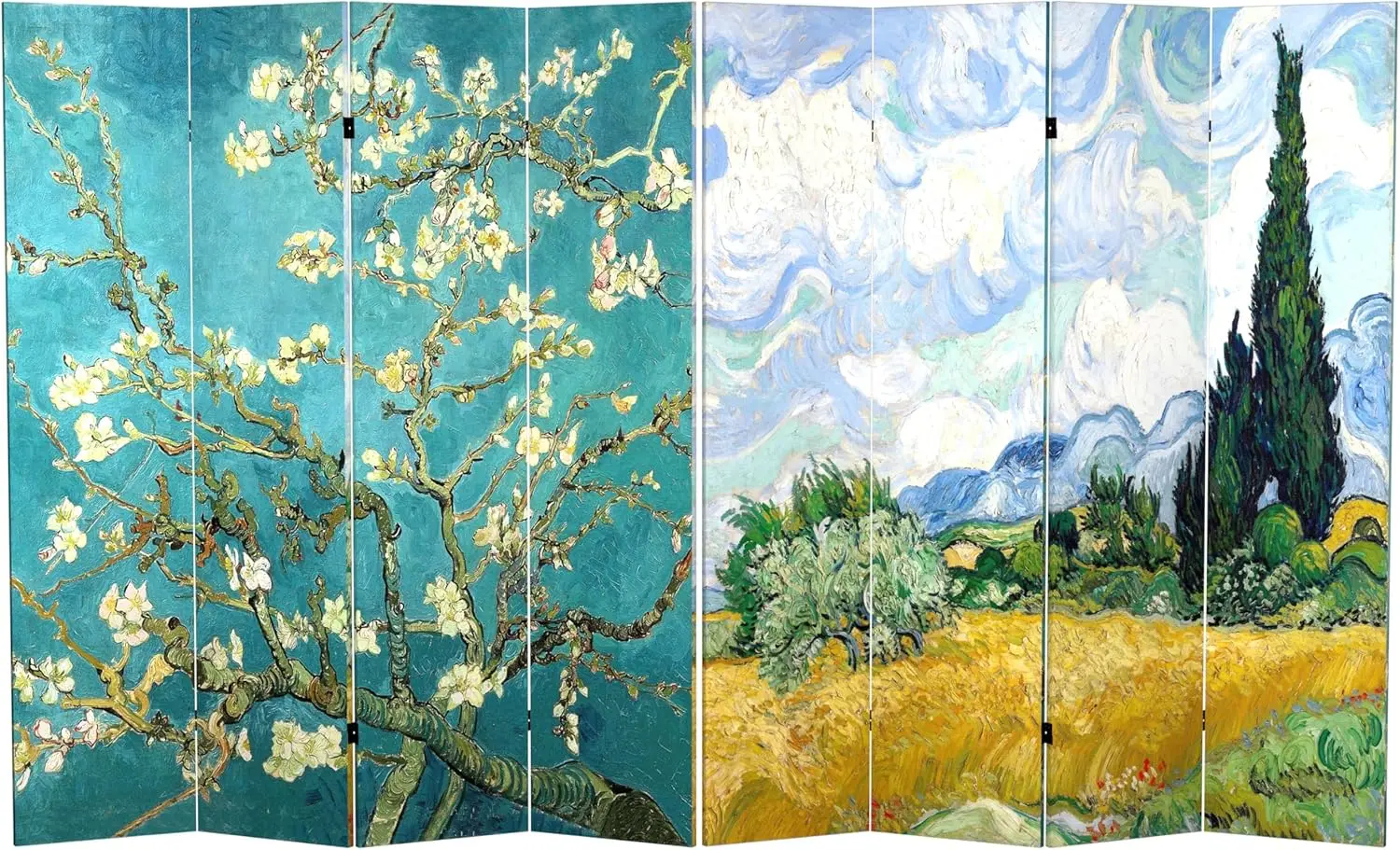 

6ft Canvas Folding Screen with Van Gogh Almond Blossoms and Wheat Field Art, 4 Panels