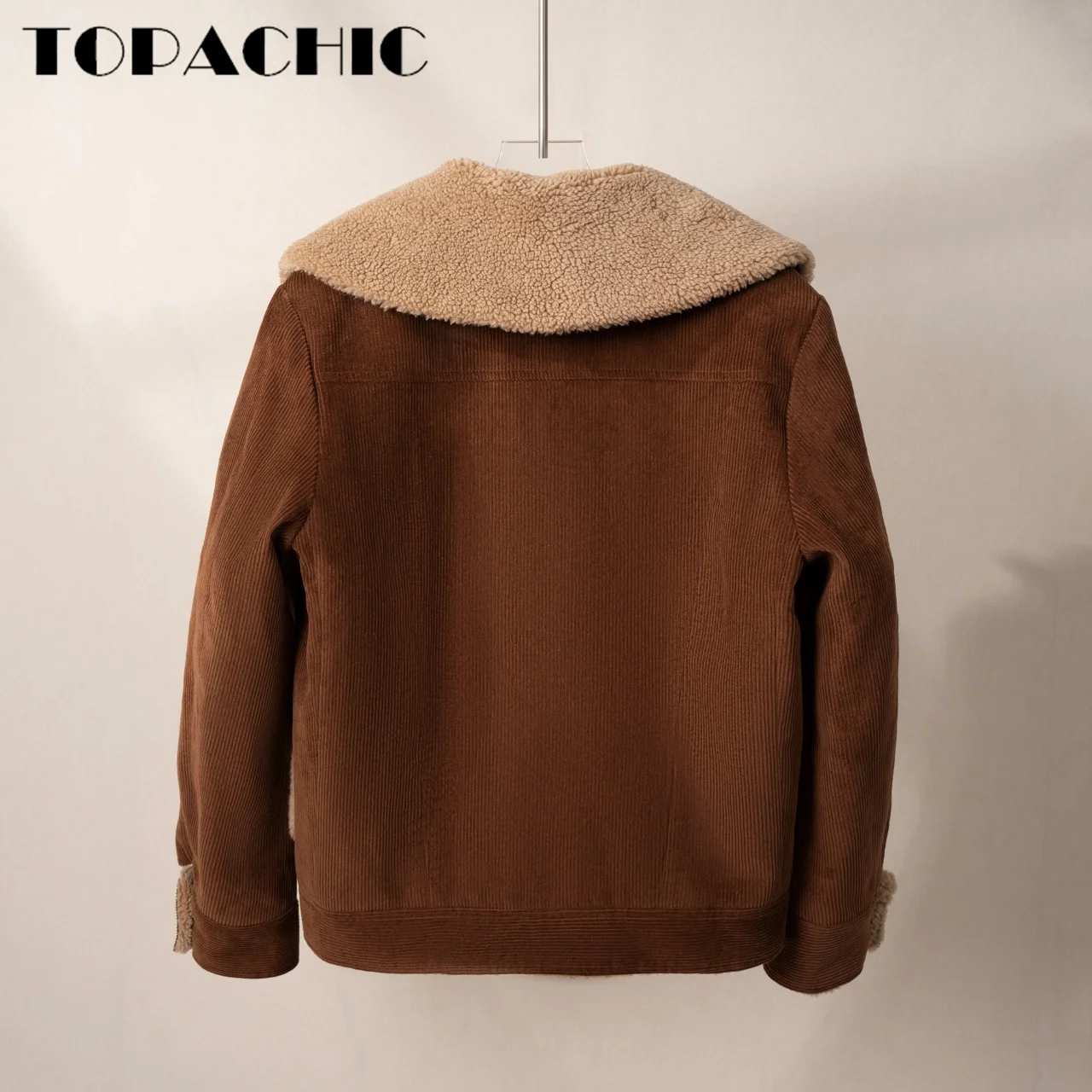 10.12 TOPACHIC-Women\'s Street Lapel Fleece Lining Spliced Corduroy Jacket Weave Button Single Breasted Gig Pocket Loose Coat