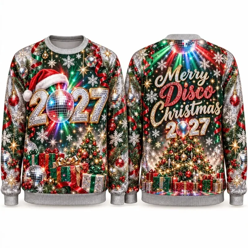 2027 Disco Christmas Ugly Christmas Sweater 3D Printed Polyester Crewneck Pullover Long Sleeve Men Women Unisex Sweaters