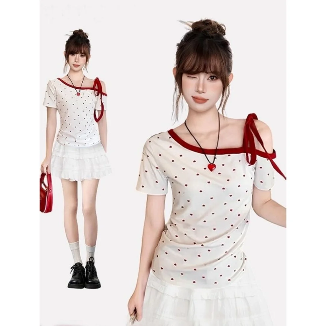 T-shirt à manches courtes pour filles, imprimé cœur d'amour doux et épicé, bretelles dénudées, haut ajusté à la taille, nouvelle collection