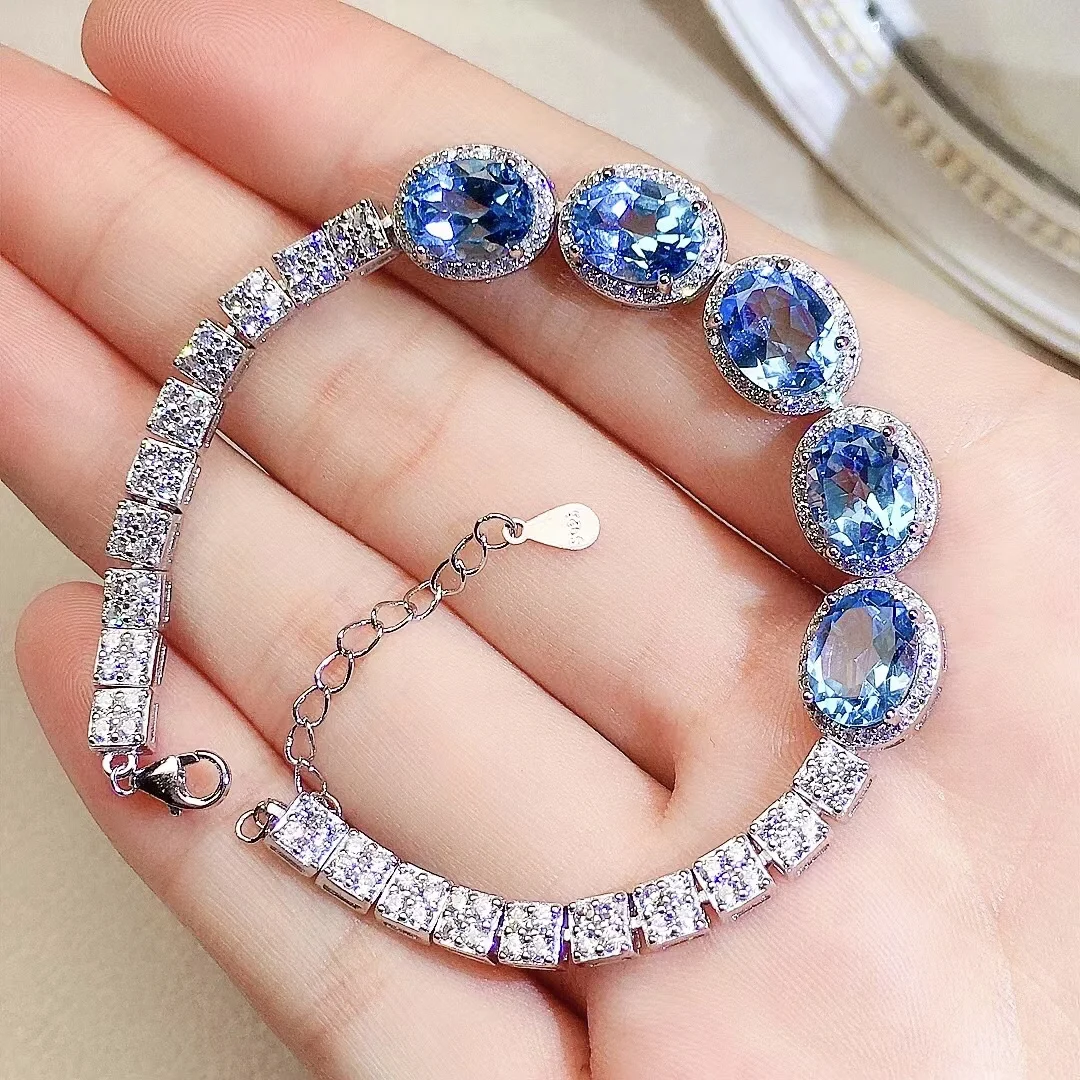 Dazzling Silver Topaz Bracelet for Party 5 Pieces 7mm*9mm 2ct Topaz Silver Bracelet Solid 925 Silver Topaz Jewelry