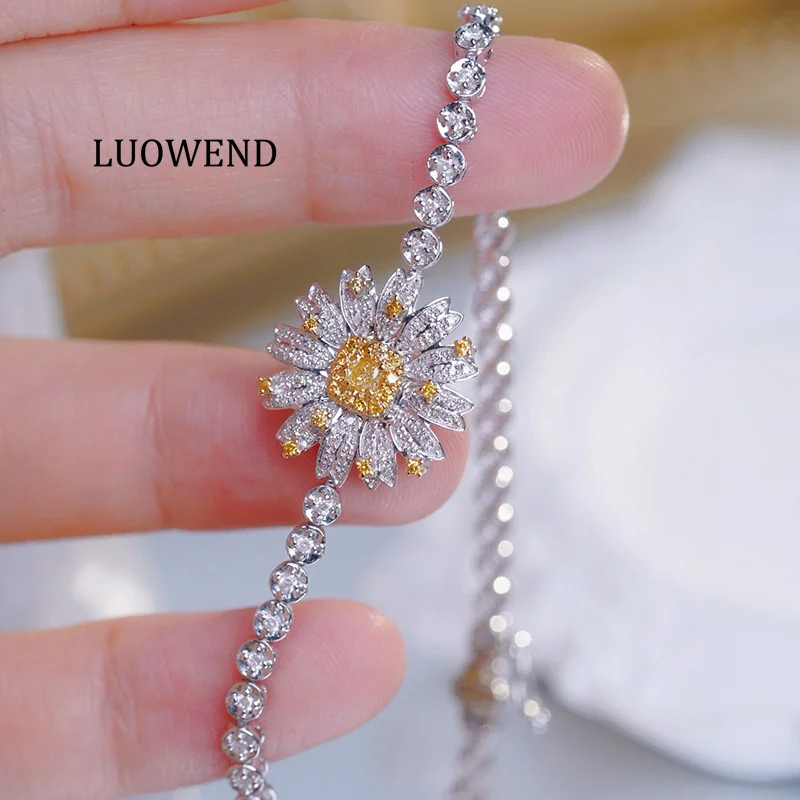 

LUOWEND 100% 18K White Gold Bracelet Elegant Daisy Shape Real Natural Yellow Diamond Bracelet for Women High Engagement Jewelry