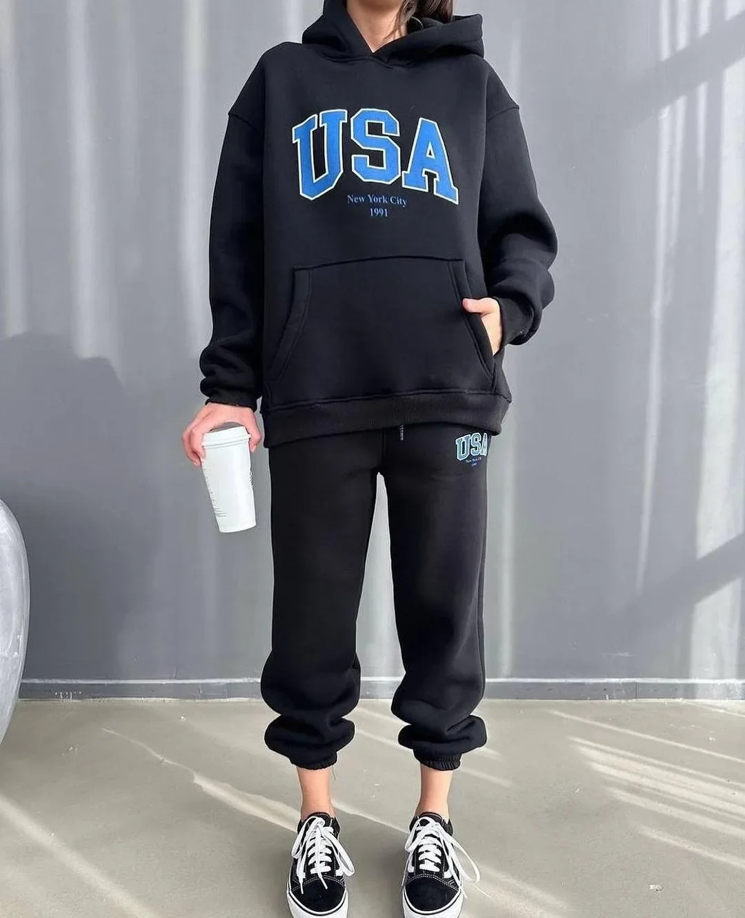 

Trend fashion new casual loose Korean women's fashion print high quality men's and women's hoodie pants suit
