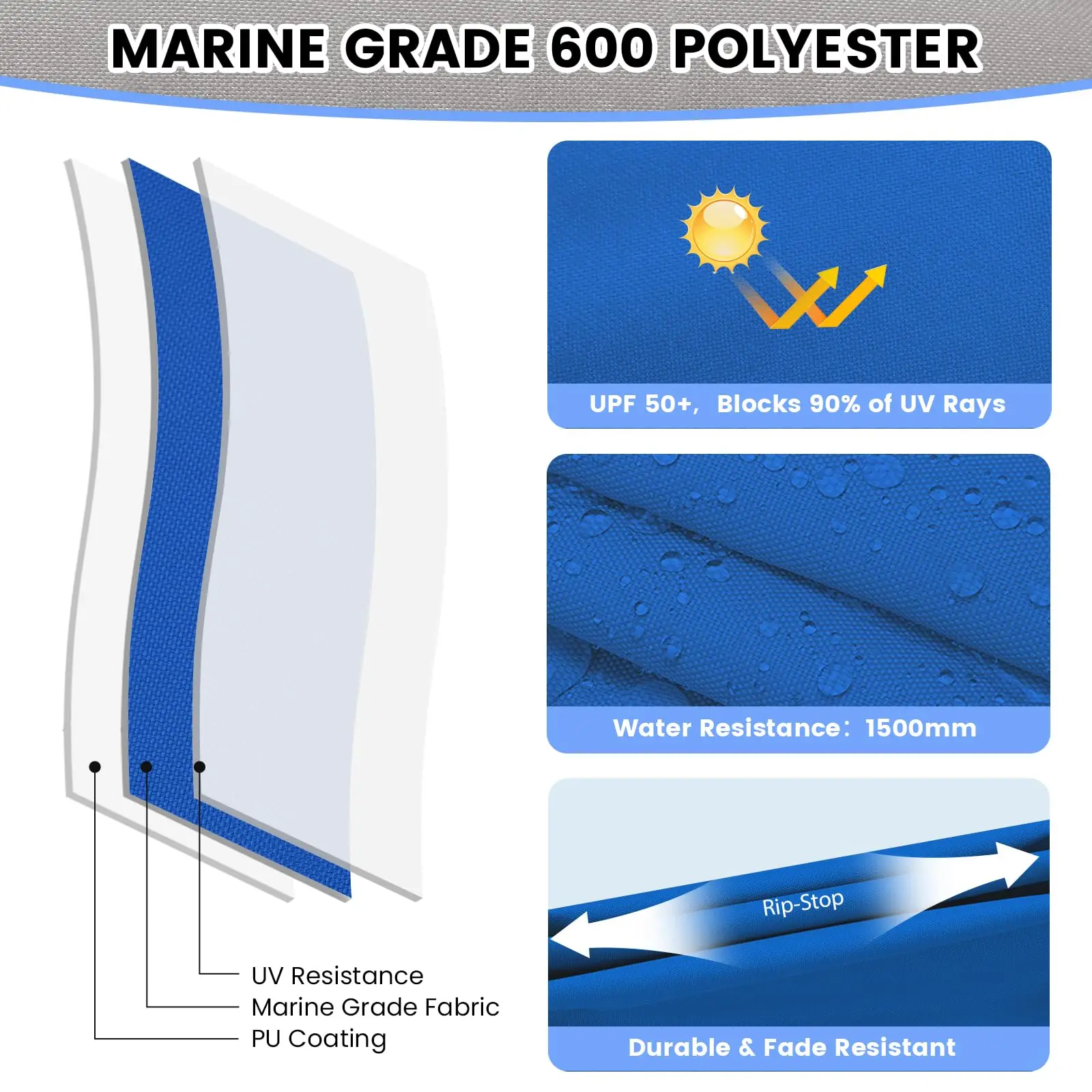 3 Bow Boat Bimini Top Cover, Sun Shade Boat Canopy with 2 Removable Side Curtains, 4 Adjustable Windproof Ropes, Durable Marine