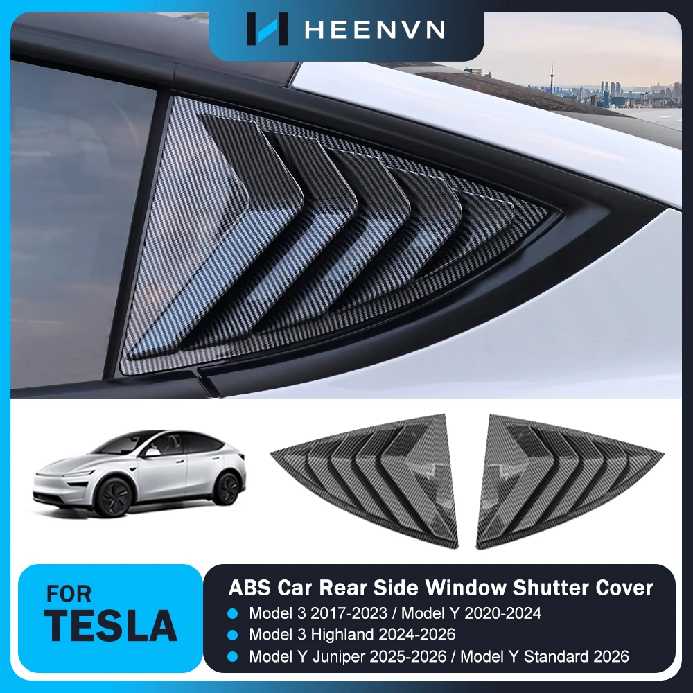 Heenvn 2PCS Side Window Louver Cover Sport Style For Tesla Model Y Juniper Model 3 Highland 2026 ABS Rear Window Shutter Cover