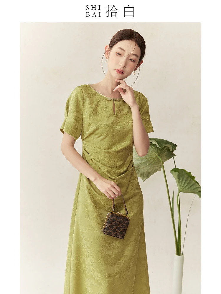 

ibai New Chinese Sle Women's Dr Waist Cinching Flared een Skirt ort Sve round Ne High Waist A-Line Gown