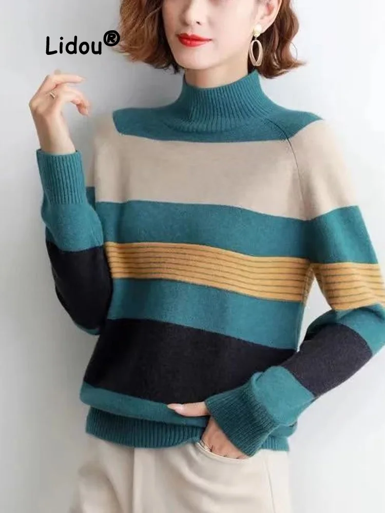 Fashion Color Blocking Striped Knitting Bottoming Shirt Women Classic Turtleneck Mock Neck Long Sleeve Plush and Thicken Top