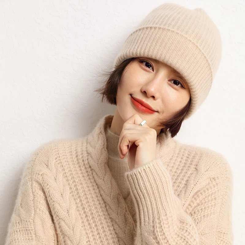 2022 New Autumn Winter Women Hats 100% Pure Cashmere Knitted Headgears Soft Warm Fashion Thick Cap 4 Colors High Quanlity