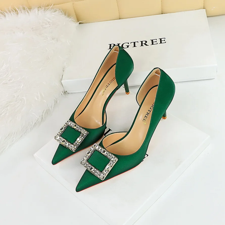 BIGTREE Shoes Women 7 Cm Heels Metal Buckle Women Pumps Silks Satins Kitten Heels Women Stilettos Shoes Sexy Party Shoes Size 43
