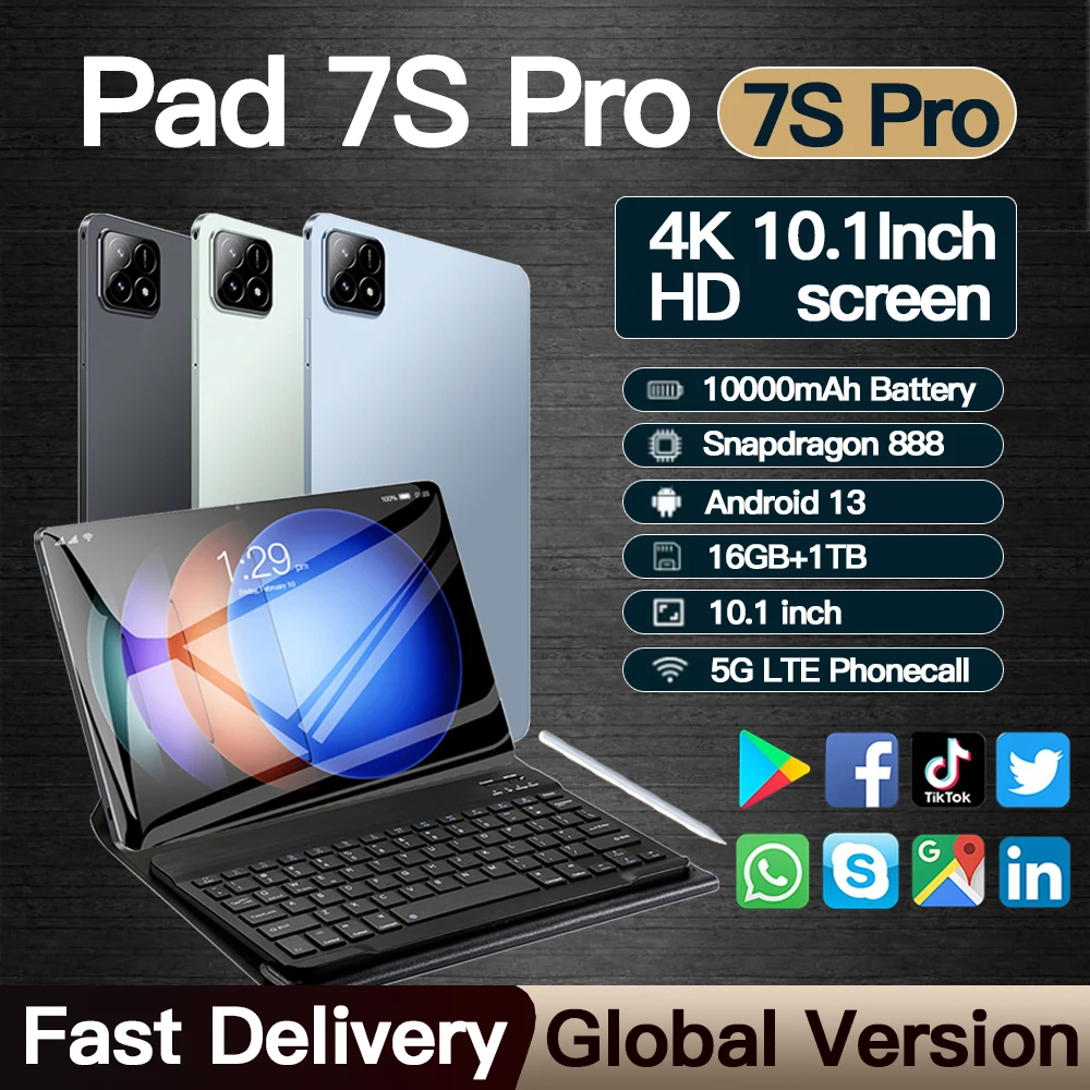 

2025 NEW Original Pad 7S Pro Tablet 10.1inch Snapdragon 888 HD 4K Android 13 16GB+1TB 10000mAh 5G Dual SIM WiFi GPS Tablets PC