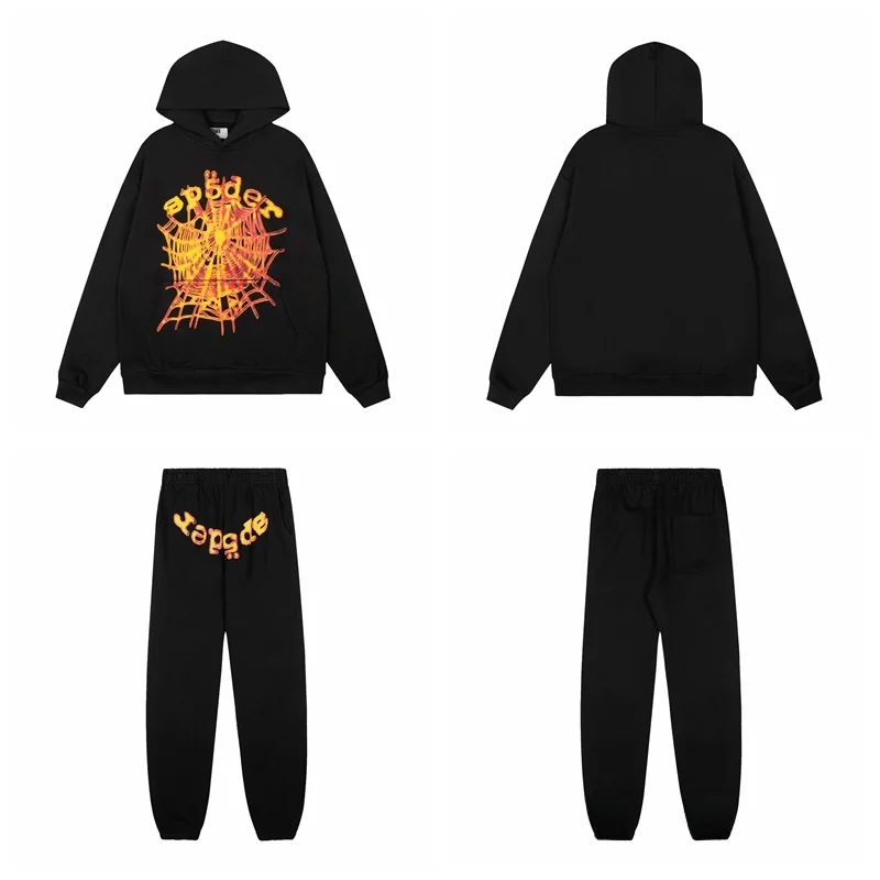 

Yellow Spider Web Letter Print Hoodie Sweatirt High Street Joggers Set Streetwear Casual Sportswear for Young Men