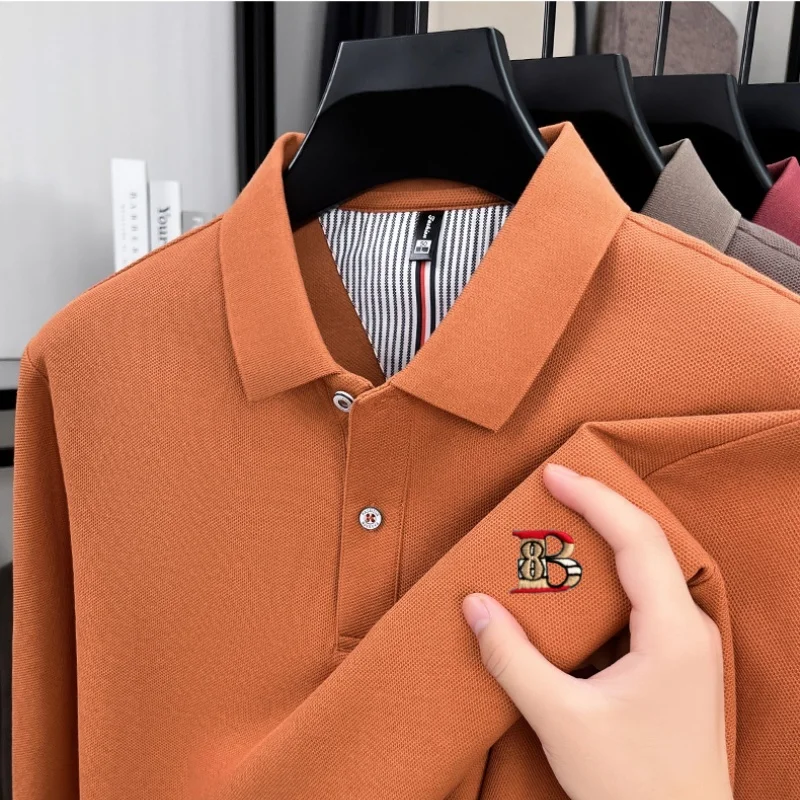 100%cotton light luxury embroide solid color long sleeve polo shirt busine casual Comfort breathab men first choice Tshirt top