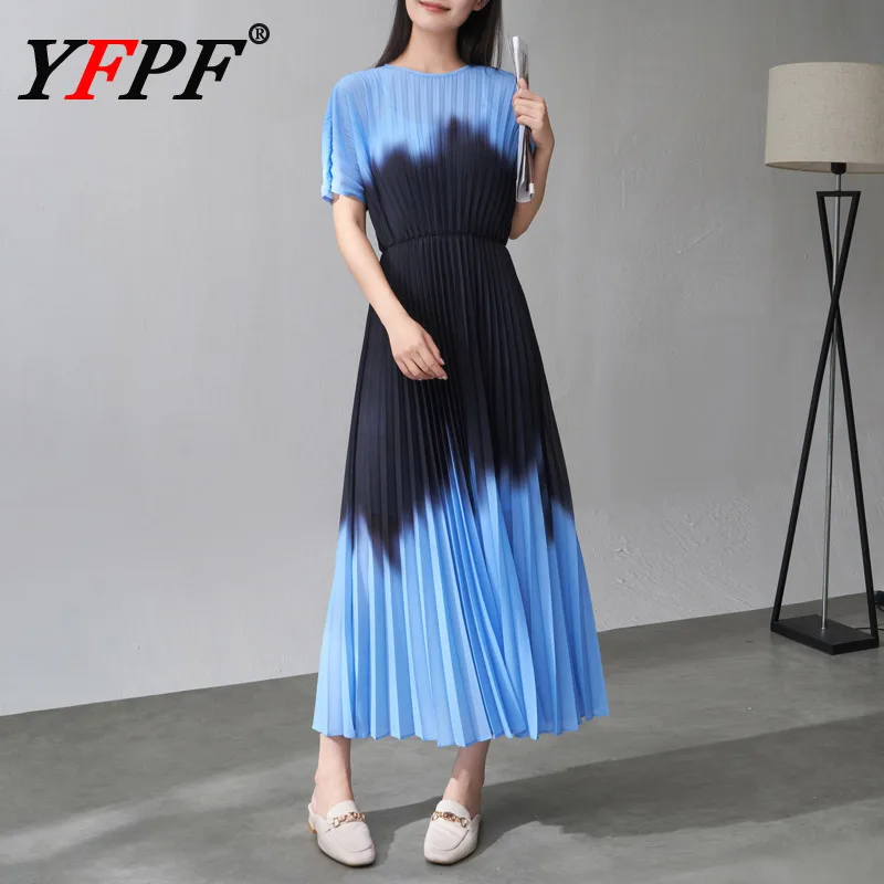 

YFPF Summer Fashion Dress Women Miyake Pleated Short Sleeve High Waist A Line Long Dresses Elegant 2025 New Clothing