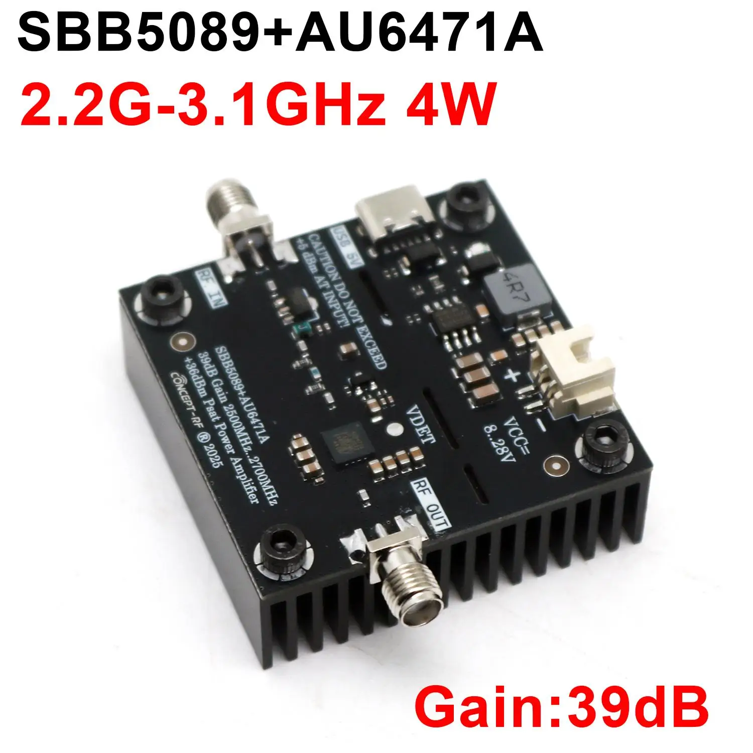 AU6471A 4W 2.4Ghz PA 4W RF POWER Amplifier 39dB Gain 2.2G-3.1GHz For 2.4G Bluetooth WIFI Drone Image Transfer Lora Zigbee