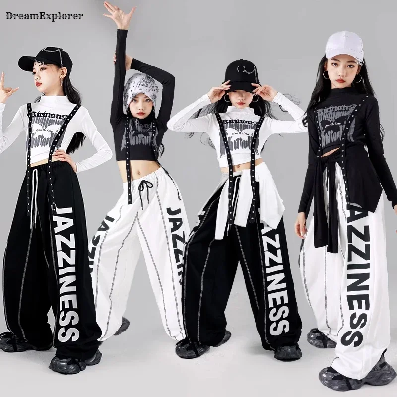 Girls K-pop Crop Top Fashion Letters Joggers Pants Children Hip Hop Streetwear Clothes Sets Kids Cool Girl Group Jazz Costumes