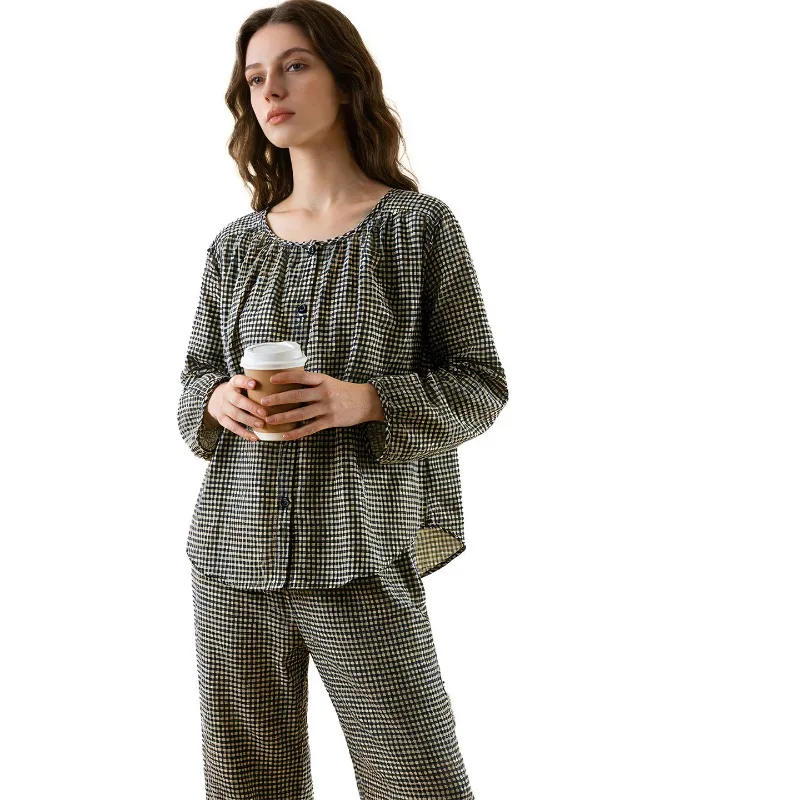 2026 Japanese New Spring And Autumn Women's Pajama Set 100% Cotton Checkered Round Neck Long Sleeve Home Clothes Two Piece Set 3