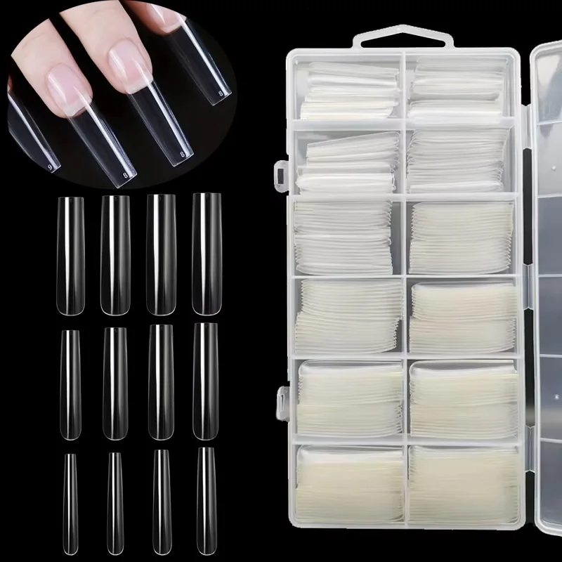 Extra-Long Rectangular Full-Cover Nail Patches, 240 Pieces, Transparent Full-Cover False Nails, Available in 12 Sizes, Square Press-On Nail Patches