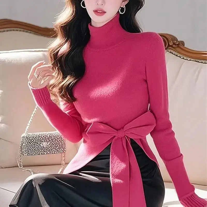 

high quality 2025 NEW Women's French Style High Neck Irregular Knit Sweater Bow Detail Elegant Base Layer Autumn Winter Tops