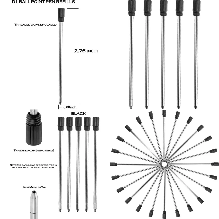 

DUNBONG Ballpoint Metal D1 Refill for Multifunction Pen Black pack of 5 pieces Black - High-Performance Ink Refill for Smooth W