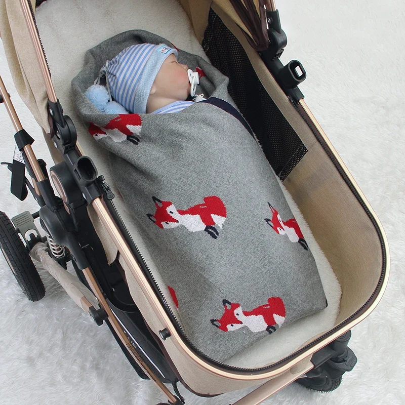 Newborn Baby Blanket Cotton Plaid Knit Infant Boy Girl Bed Sofa Soft Quilt Toddler Kid Sleeping Sack Cute Fox Stroller Swaddling