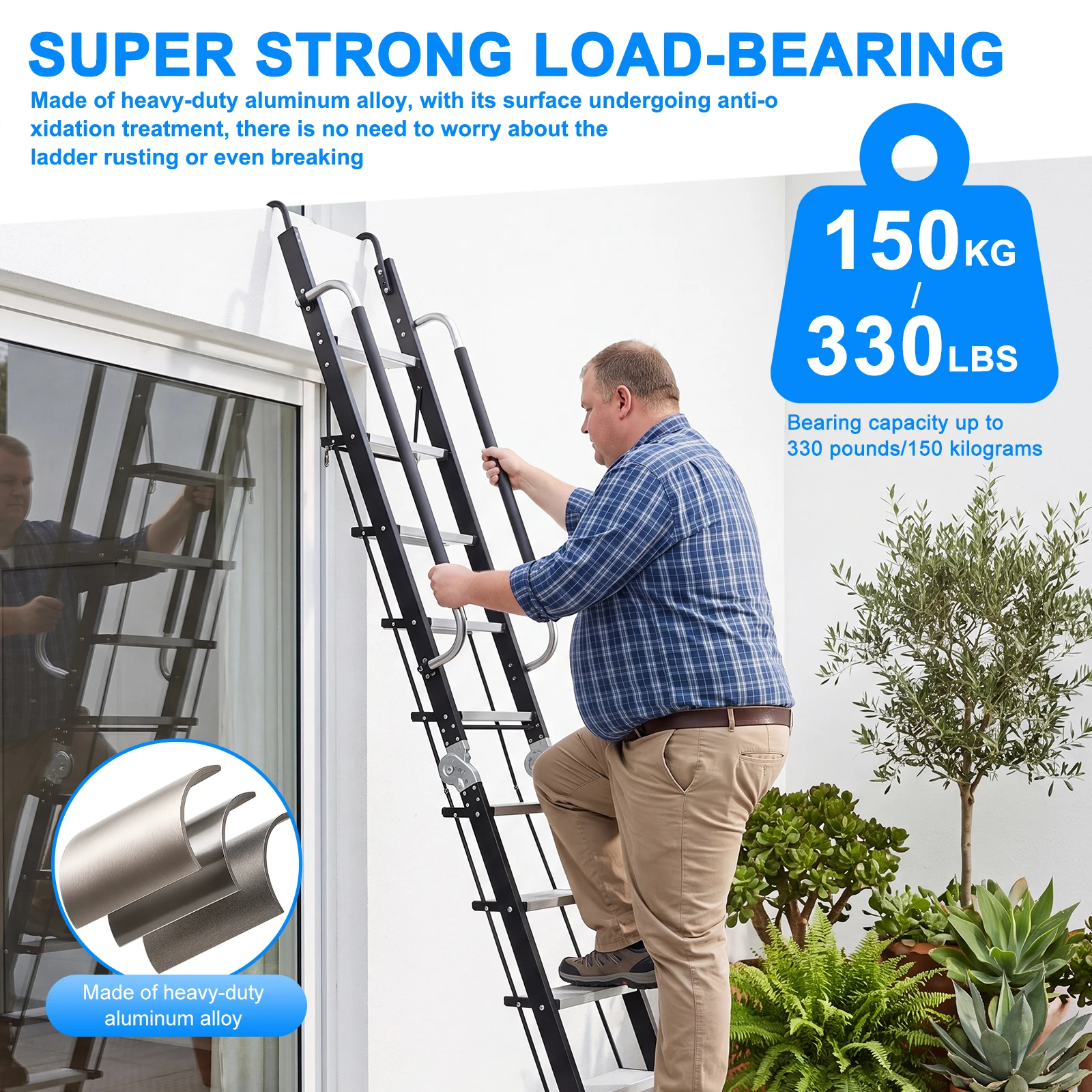 Foldable Aluminum Alloy Attic Stairs 9.5ft Loft Ladder with Handrails & Hooks for Dorms Camper Library RV Deck 330LBS Capacity